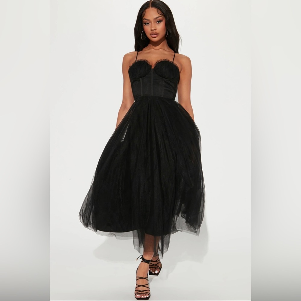 Black tulle midi dress